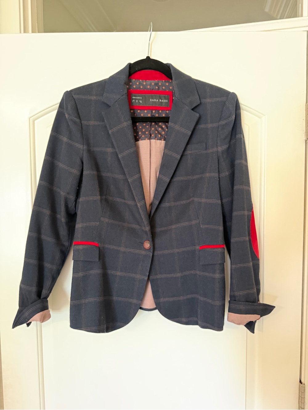 Zara Navy Windowpane Blazer with Red Accents
